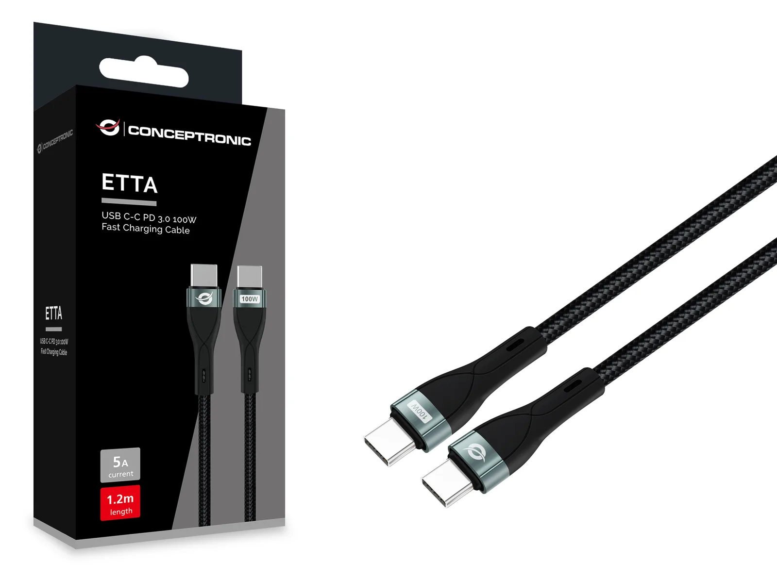 Conceptronic ETTA01B12 USB C-C PD 3.0 100W Schnellladekabel, 1,2m, 20V 5A, 480Mbps, E-Mark, 1,2 m, USB C, USB C, USB 2.0, Ansicht 2