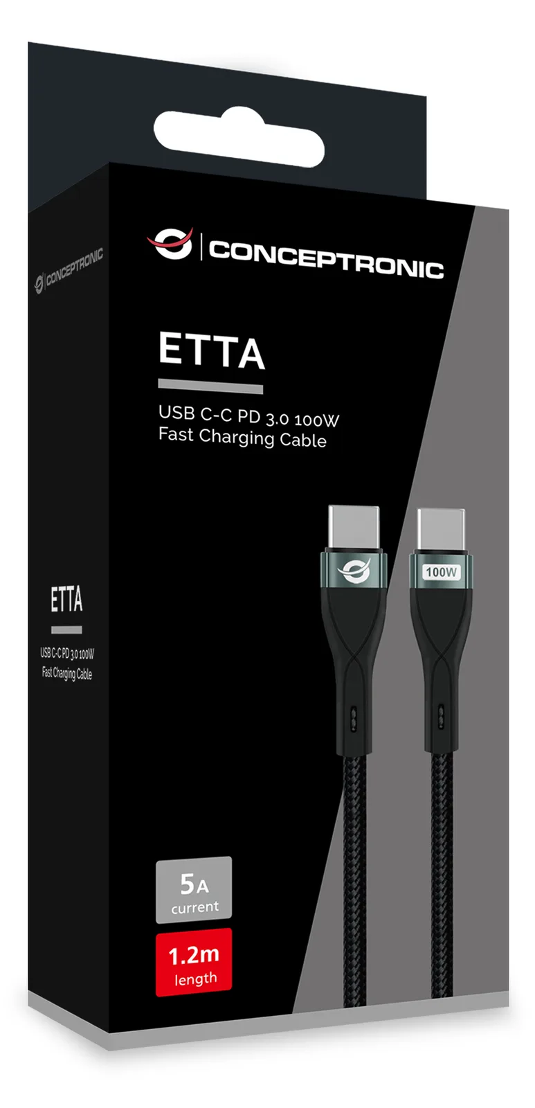 Conceptronic ETTA01B12 USB C-C PD 3.0 100W Schnellladekabel, 1,2m, 20V 5A, 480Mbps, E-Mark, 1,2 m, USB C, USB C, USB 2.0, Ansicht 3