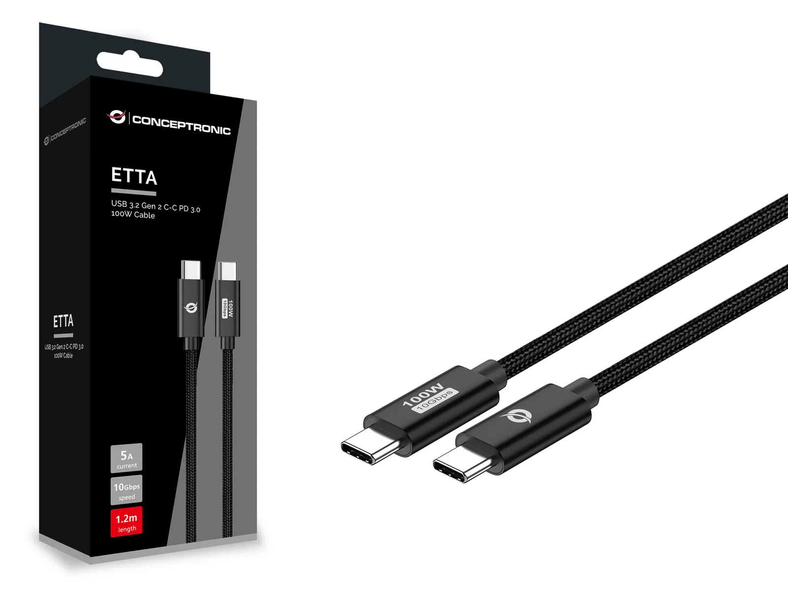 Conceptronic ETTA02B12 USB 3.2 Gen 2 C-C PD 3.0 100W Kabel, 1,2m, 20V 5A, 10Gbps, E-Mark, 1,2 m, USB C, USB C, Ansicht 3