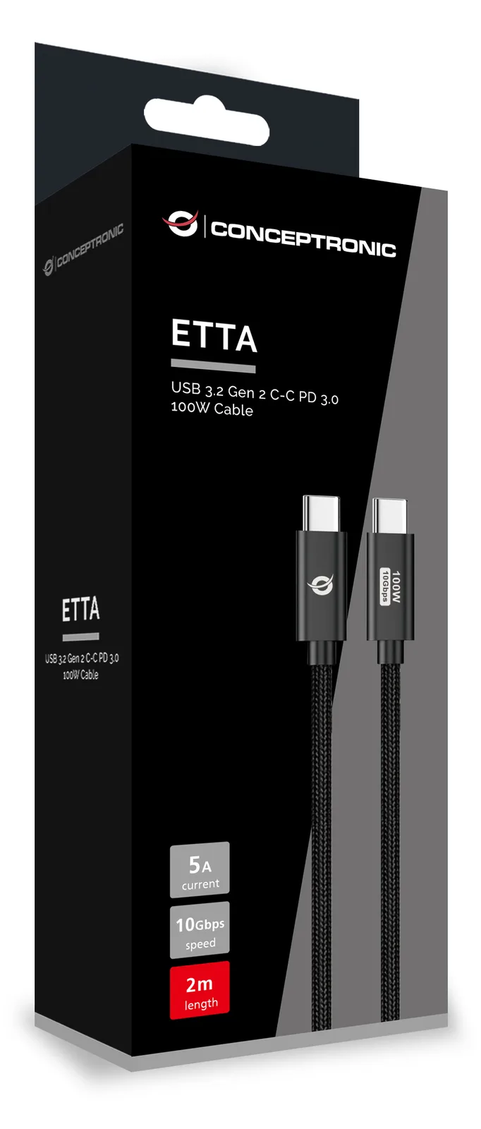 Conceptronic ETTA02B20 USB 3.2 Gen 2 C-C PD 3.0 100W Kabel, 2m, 20V 5A, 10Gbps, E-Mark, 2 m, USB C, USB C, USB 3.2 Gen 2, Ansicht 4