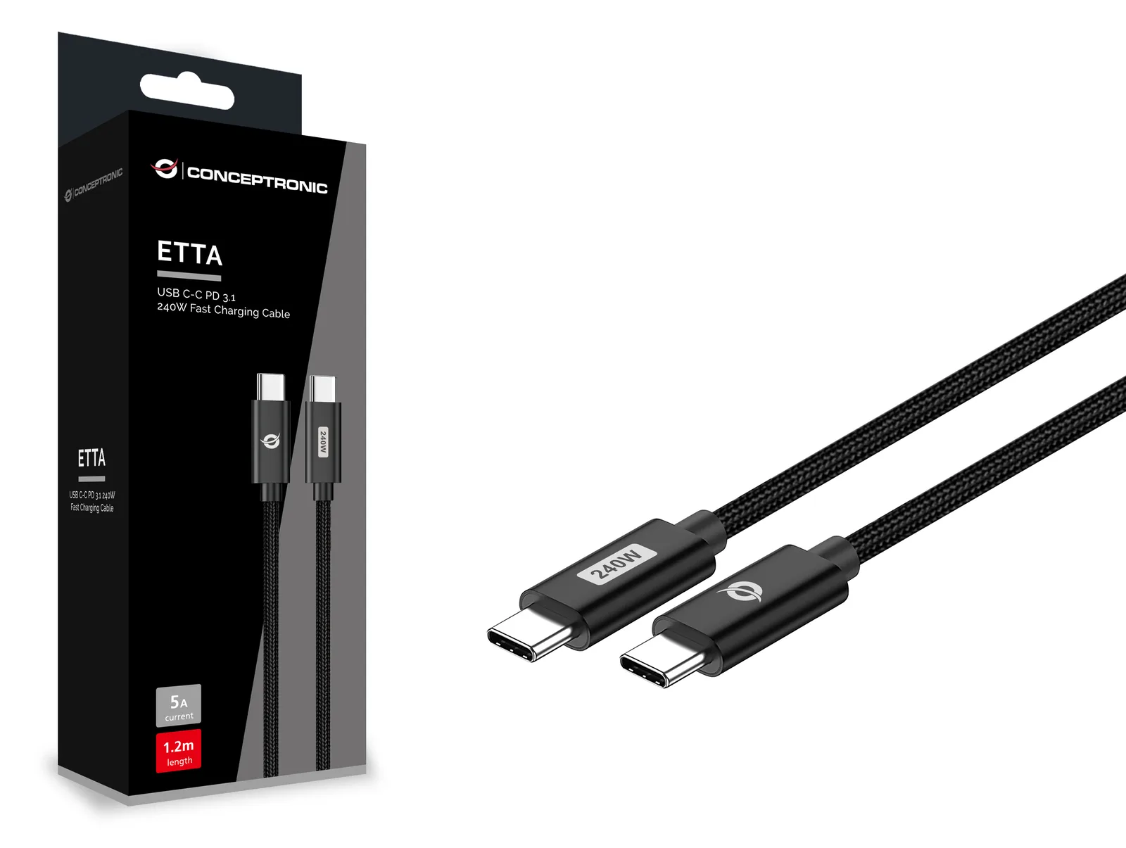 Conceptronic ETTA03B20 USB C-C PD 3.1 240W Schnellladekabel, 2m, 48V 5A, 480Mbps, E-Mark, 2 m, USB C, USB C, USB 2.0, Ansicht 3