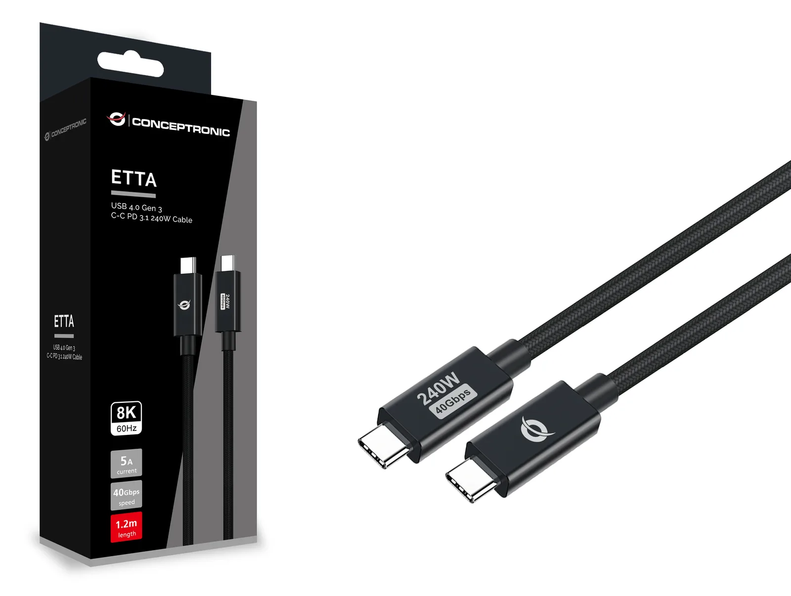 Conceptronic ETTA04B12 USB 4.0 Gen 3 C-C PD 3.1 240W Kabel, 1,2m, 48V 5A, 40Gbps, 8K60Hz, E-Mark, 1,2 m, USB C, USB C, Ansicht 2