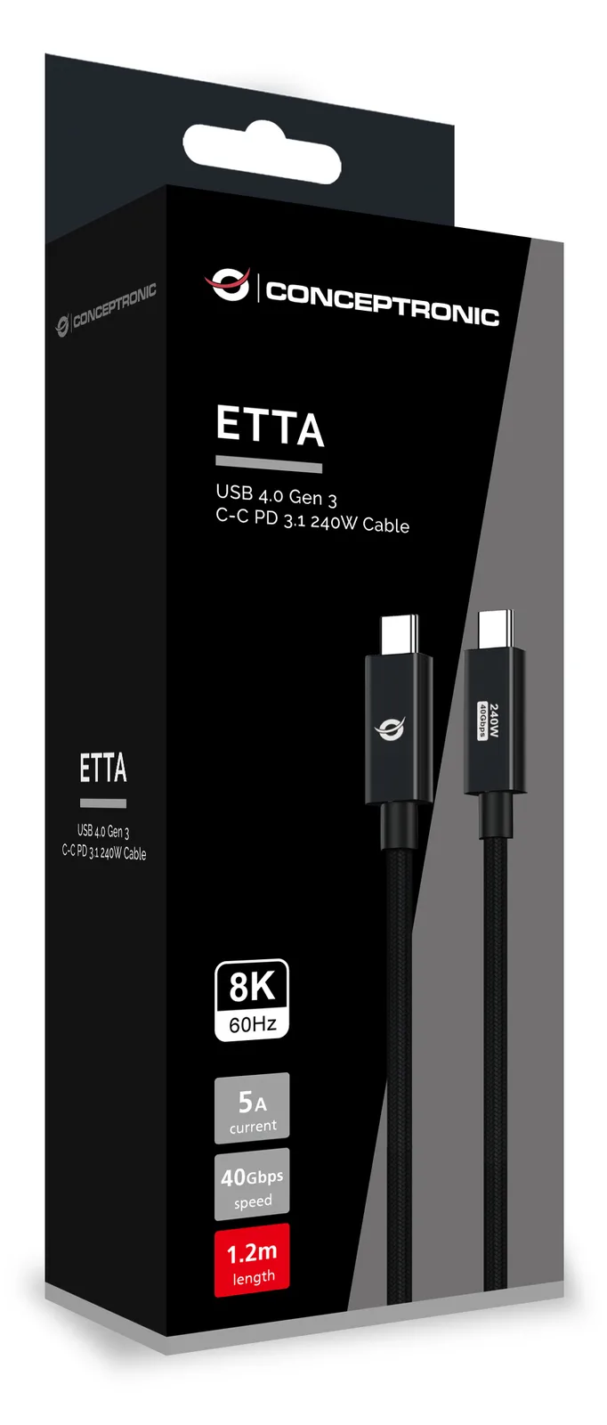 Conceptronic ETTA04B12 USB 4.0 Gen 3 C-C PD 3.1 240W Kabel, 1,2m, 48V 5A, 40Gbps, 8K60Hz, E-Mark, 1,2 m, USB C, USB C, Ansicht 3