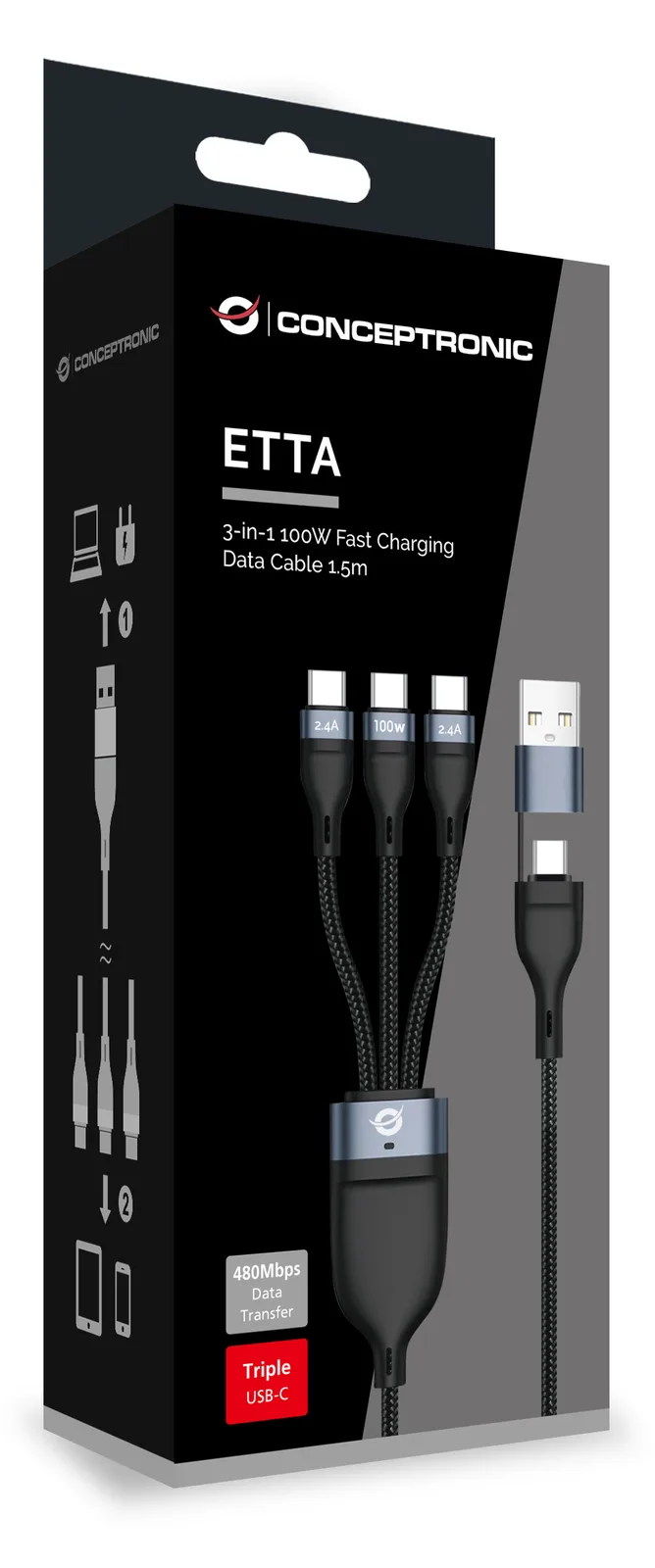 Conceptronic Kabel USB2.0 -> 3-in-1 USB-C E-Mark 100W - - Digital/Daten - Kabel - Digital/Daten, Ansicht 2
