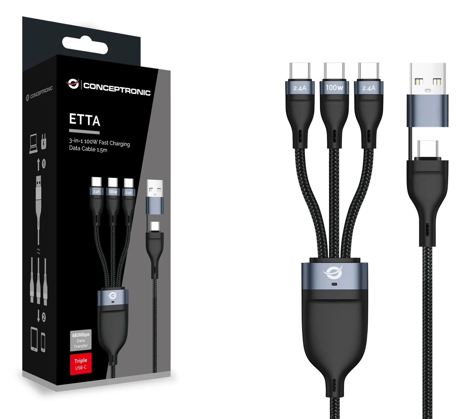 Conceptronic Kabel USB2.0 -> 3-in-1 USB-C E-Mark 100W - - Digital/Daten - Kabel - Digital/Daten, Ansicht 3