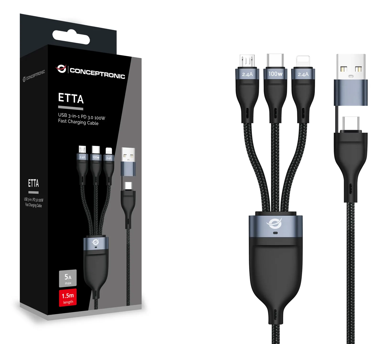 Conceptronic Kabel USB-C/a 3.0 -> 3-in-1 100W 480Mbps - Kabel - Digital/Daten, Ansicht 2