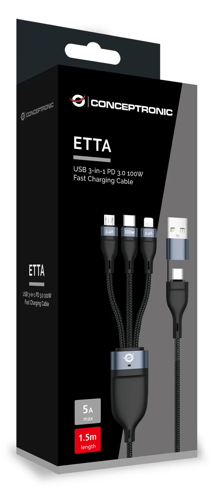 Conceptronic Kabel USB-C/a 3.0 -> 3-in-1 100W 480Mbps - Kabel - Digital/Daten, Ansicht 3