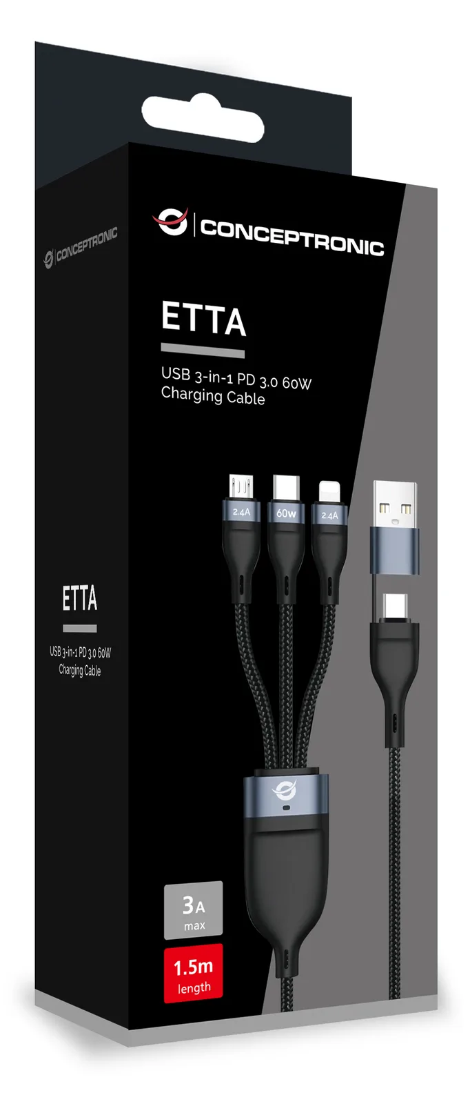Conceptronic Kabel USB-C/a 3.0 -> 3-in-1 60W 480Mbps - Kabel - Digital/Daten, Ansicht 3