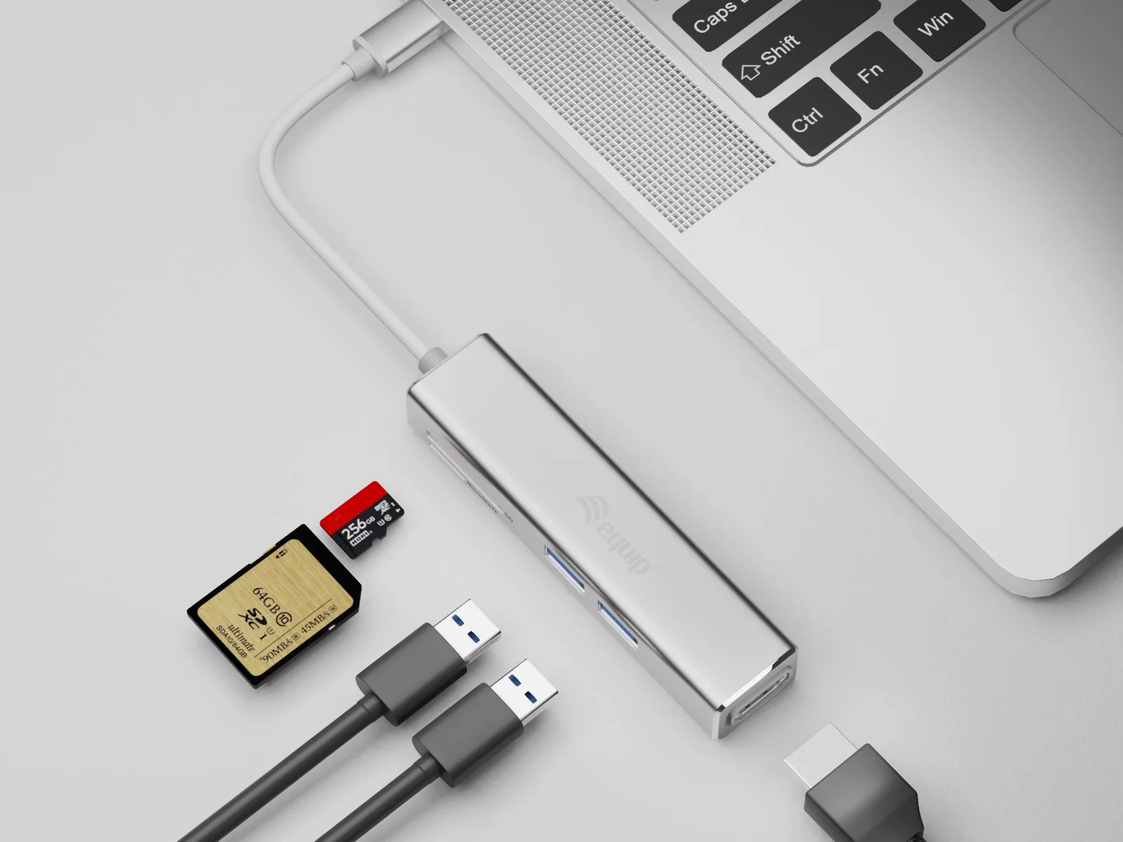 Equip 5-in-1-USB-C-Multifunktionale adapter - HDMI  - USB 3.0 - TF/Micro SD - USB 3.2 Gen 1 (3.1 Gen 1) Type-C - Silber, Ansicht 2