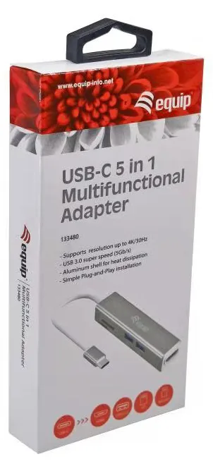Equip 5-in-1-USB-C-Multifunktionale adapter - HDMI  - USB 3.0 - TF/Micro SD - USB 3.2 Gen 1 (3.1 Gen 1) Type-C - Silber, Ansicht 4