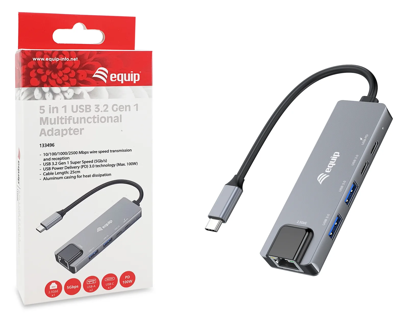 Equip Adapter USB-C -> RJ45 10/100/1000/2500 Mbps+ USB 3.2 - Adapter - Digital/Daten (133496) - Adapter - Digital/Daten, Ansicht 3
