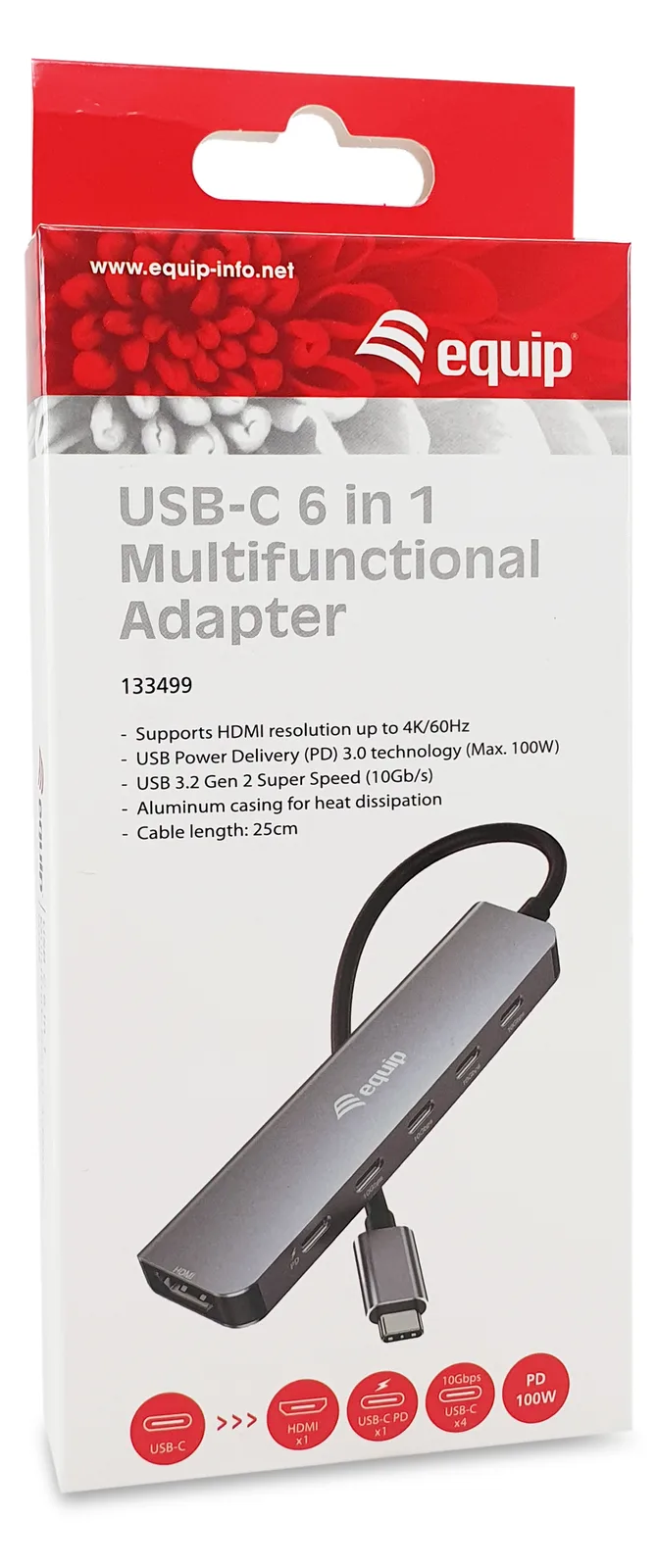 Equip Adapter Usb-C->Hdmi/3xUSB-C/Usb PD 4K/60Hz Alu. - Adapter - Digital/Daten, Ansicht 2