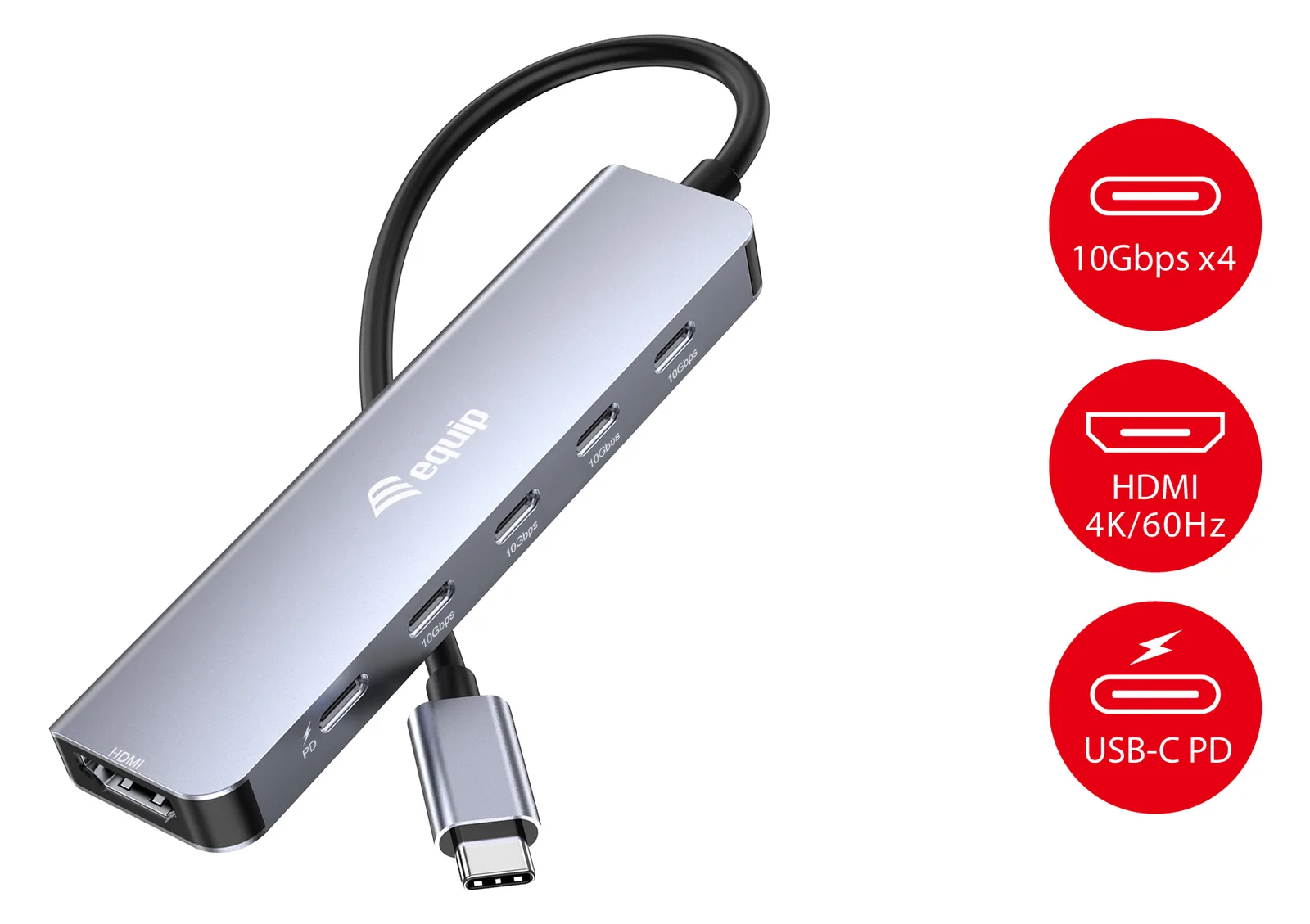 Equip Adapter Usb-C->Hdmi/3xUSB-C/Usb PD 4K/60Hz Alu. - Adapter - Digital/Daten, Ansicht 3