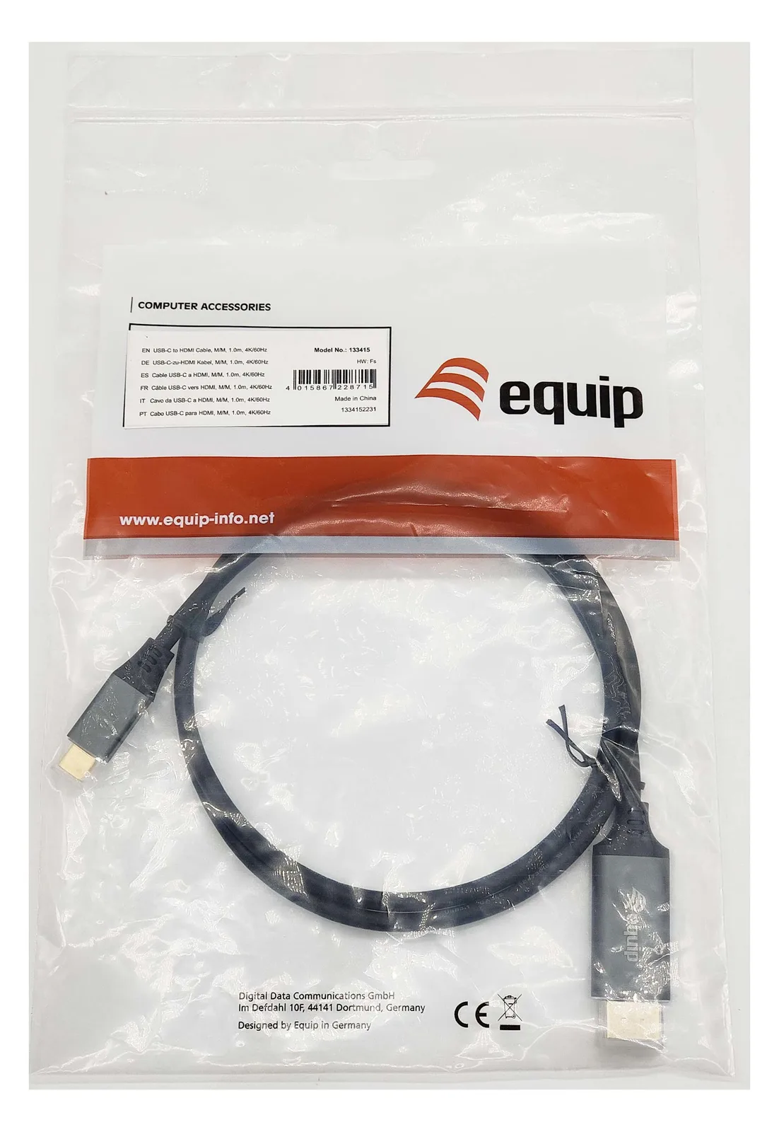 Equip Adapterkabel - 24 pin USB-C männlich zu HDMI männlich - 1 m - Schwarz - unterstützt 4K 60 Hz (3840 x 2160), Ansicht 4