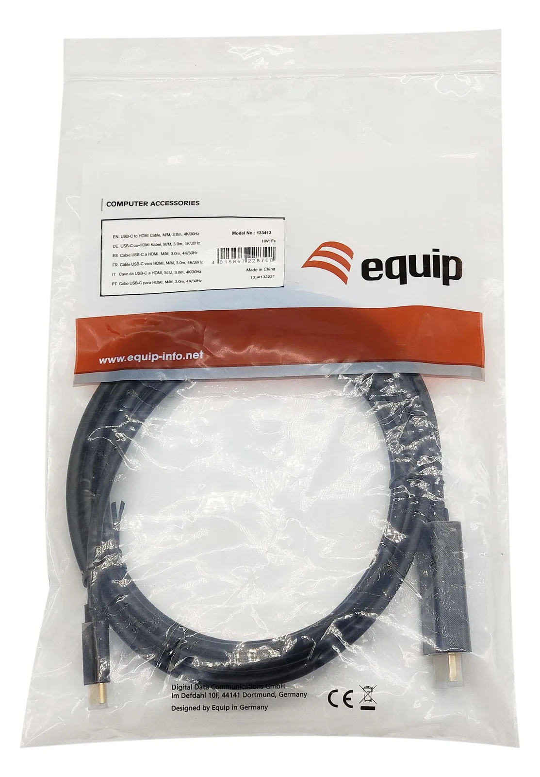 Equip Adapterkabel - 24 pin USB-C männlich zu HDMI männlich - 3 m - Schwarz - unterstützt 4K 30 Hz (3840 x 2160), Ansicht 4