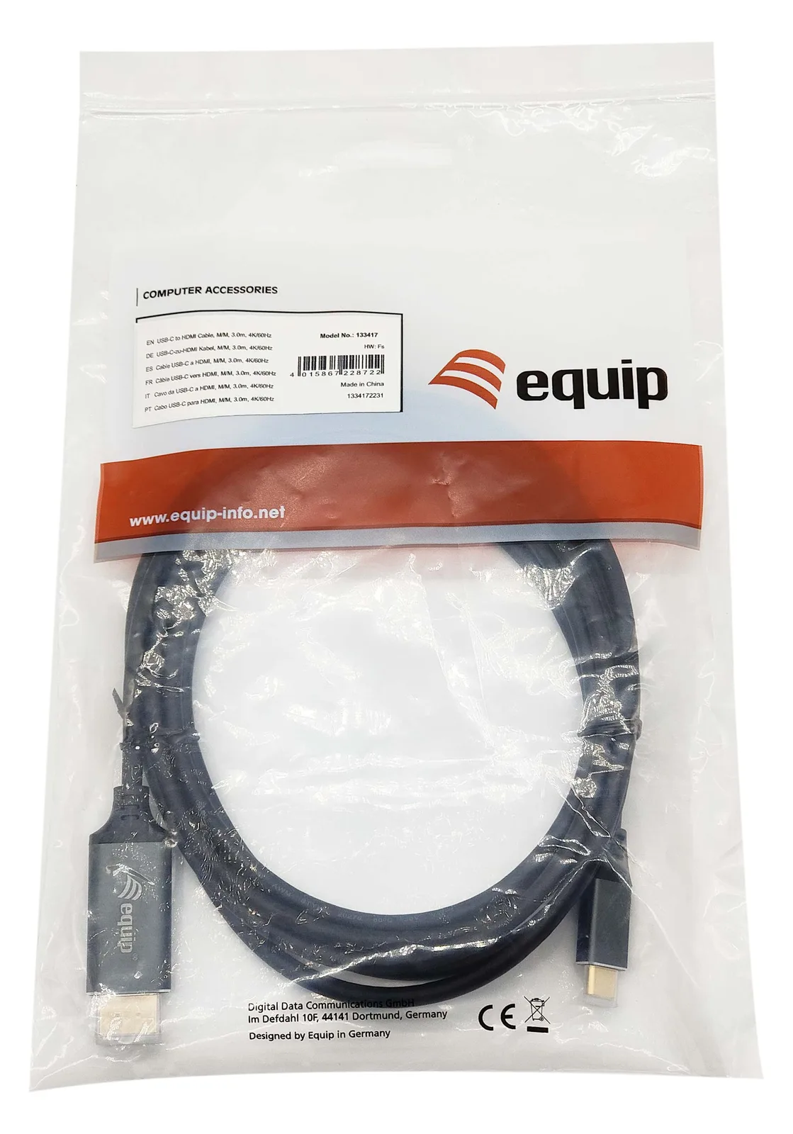 Equip Adapterkabel - 24 pin USB-C männlich zu HDMI männlich - 3 m - Schwarz - unterstützt 4K 60 Hz (3840 x 2160), Ansicht 4