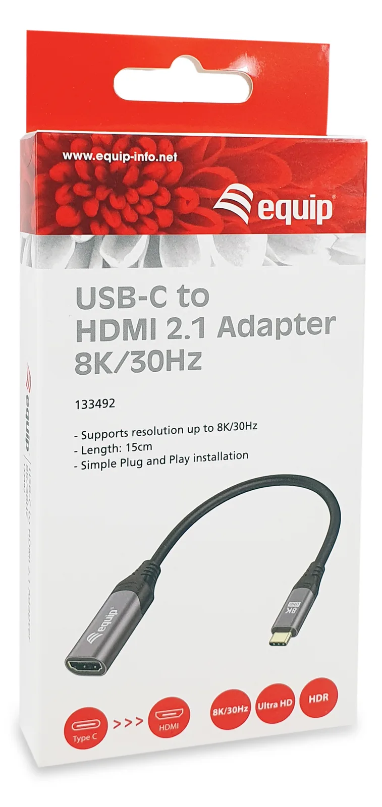 Equip Adapterkabel - 24 pin USB-C männlich zu HDMI weiblich - 15 cm - Grau - 1080p-Unterstützung, 8K UHD (7680 x 4320), Ansicht 2