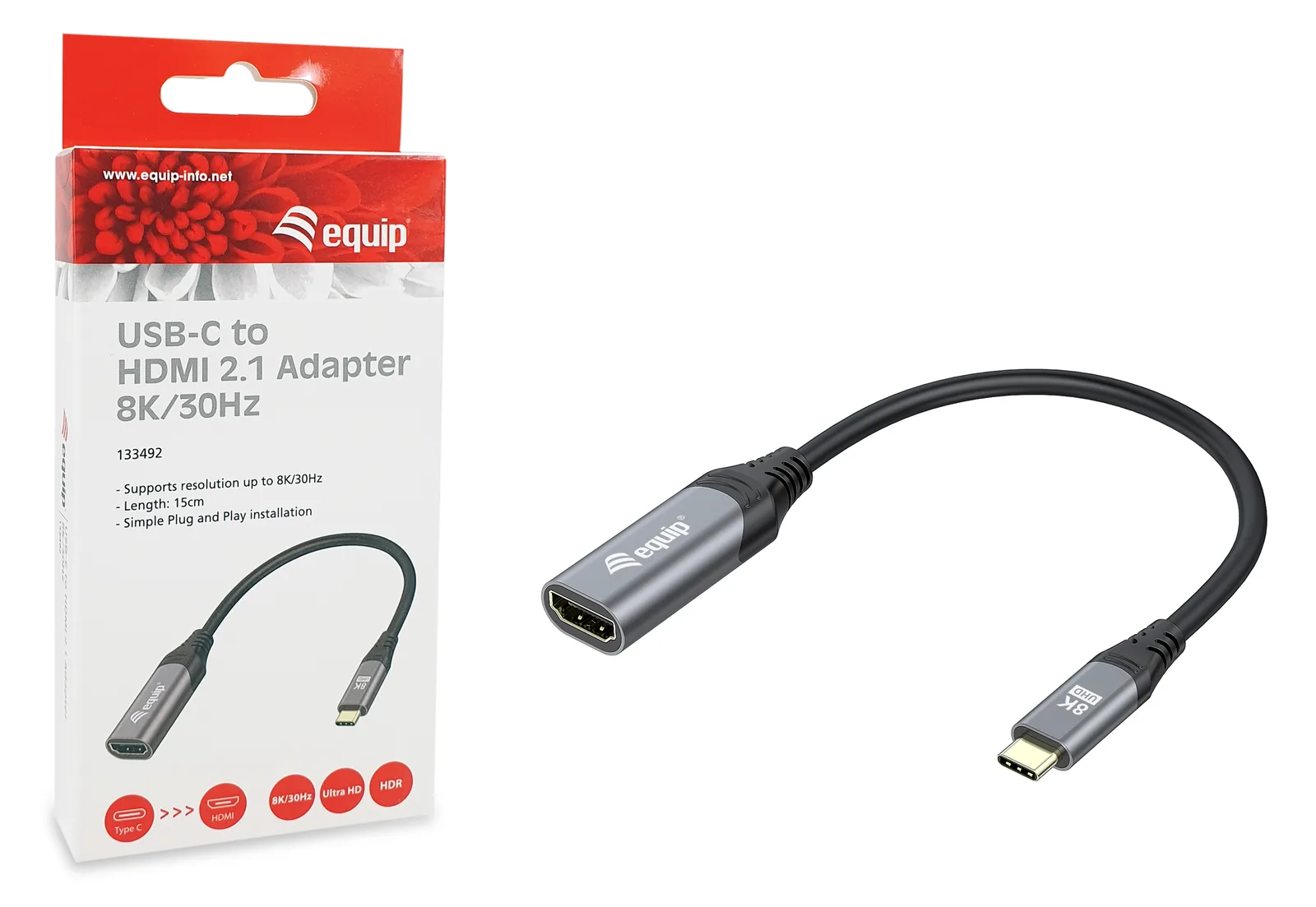 Equip Adapterkabel - 24 pin USB-C männlich zu HDMI weiblich - 15 cm - Grau - 1080p-Unterstützung, 8K UHD (7680 x 4320), Ansicht 3
