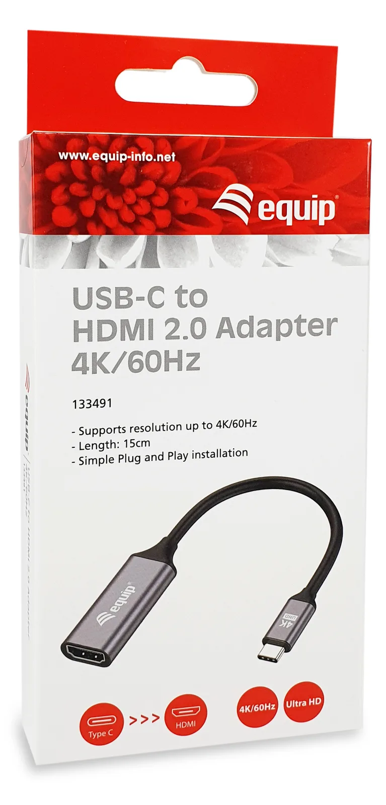 Equip Adapterkabel - 24 pin USB-C männlich zu HDMI weiblich - 15 cm - Grau - unterstützt 4K 60 Hz (3840 x 2160), Ansicht 2