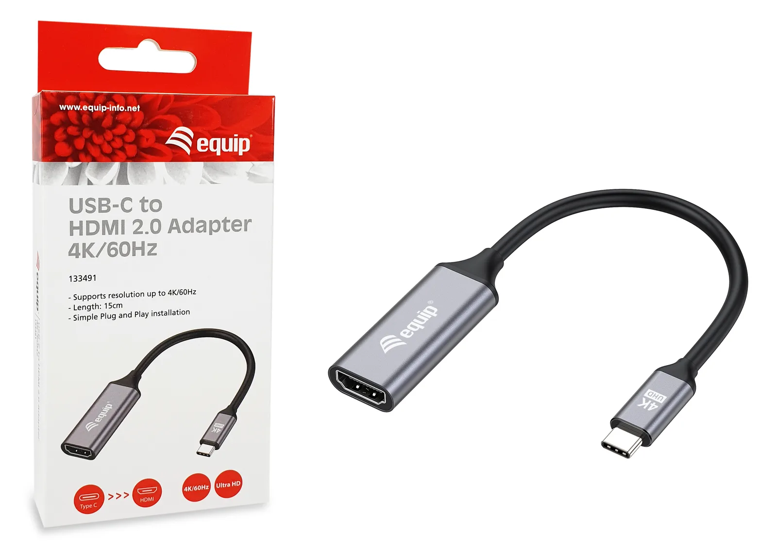 Equip Adapterkabel - 24 pin USB-C männlich zu HDMI weiblich - 15 cm - Grau - unterstützt 4K 60 Hz (3840 x 2160), Ansicht 3
