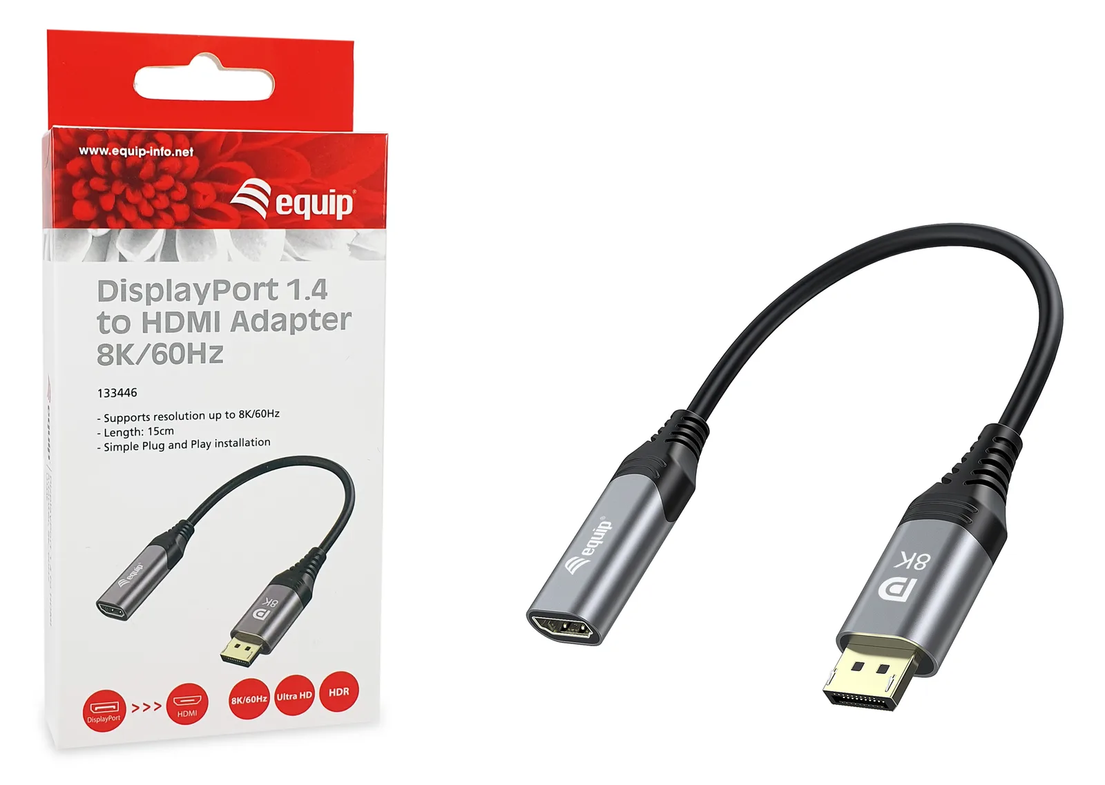 Equip Adapterkabel - DisplayPort männlich zu HDMI weiblich - 15 cm - Grau - 8K60Hz (7680 x 4320), Ansicht 3