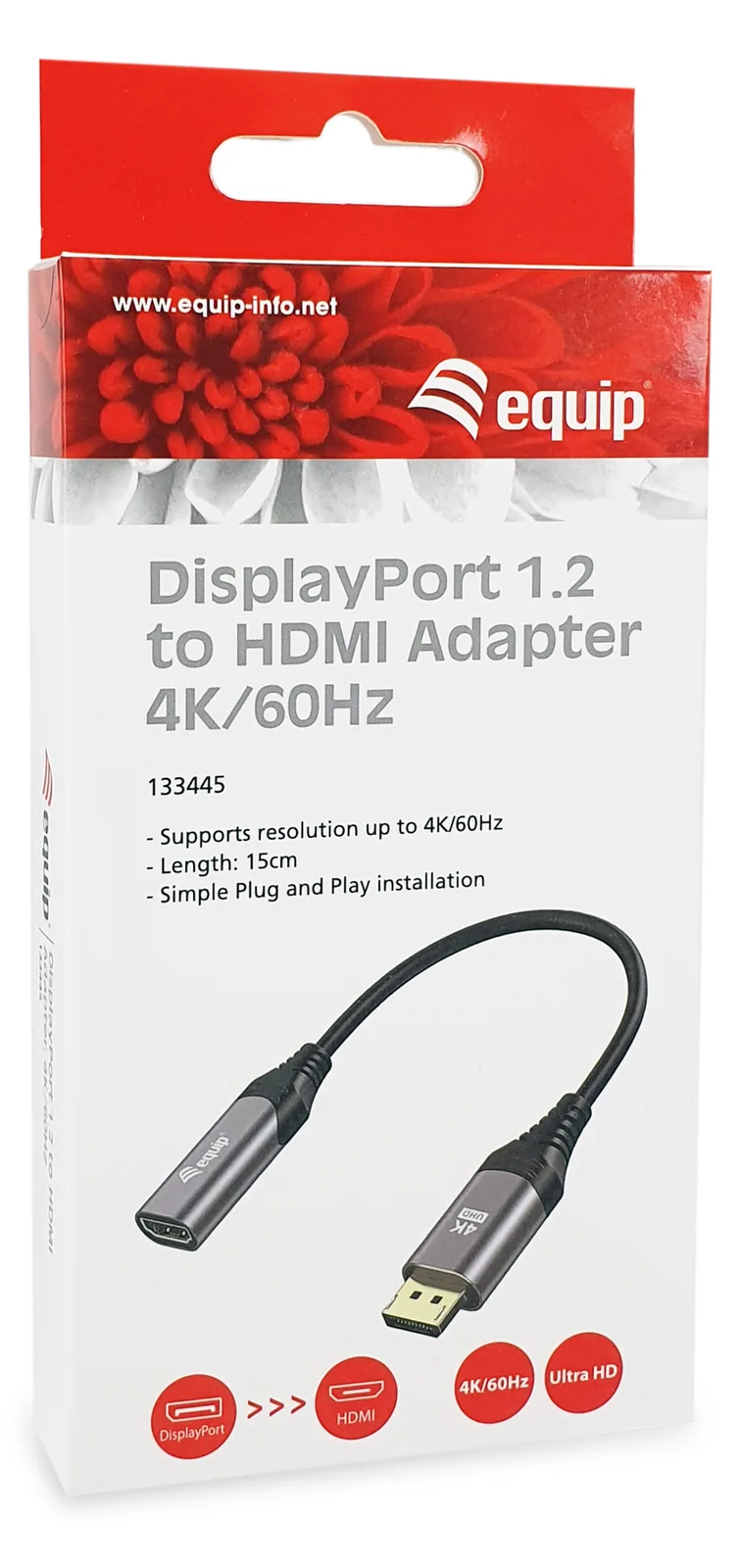 Equip Adapterkabel - DisplayPort männlich zu HDMI weiblich - 15 cm - Grau - unterstützt 4K 60 Hz (3840 x 2160), Ansicht 2