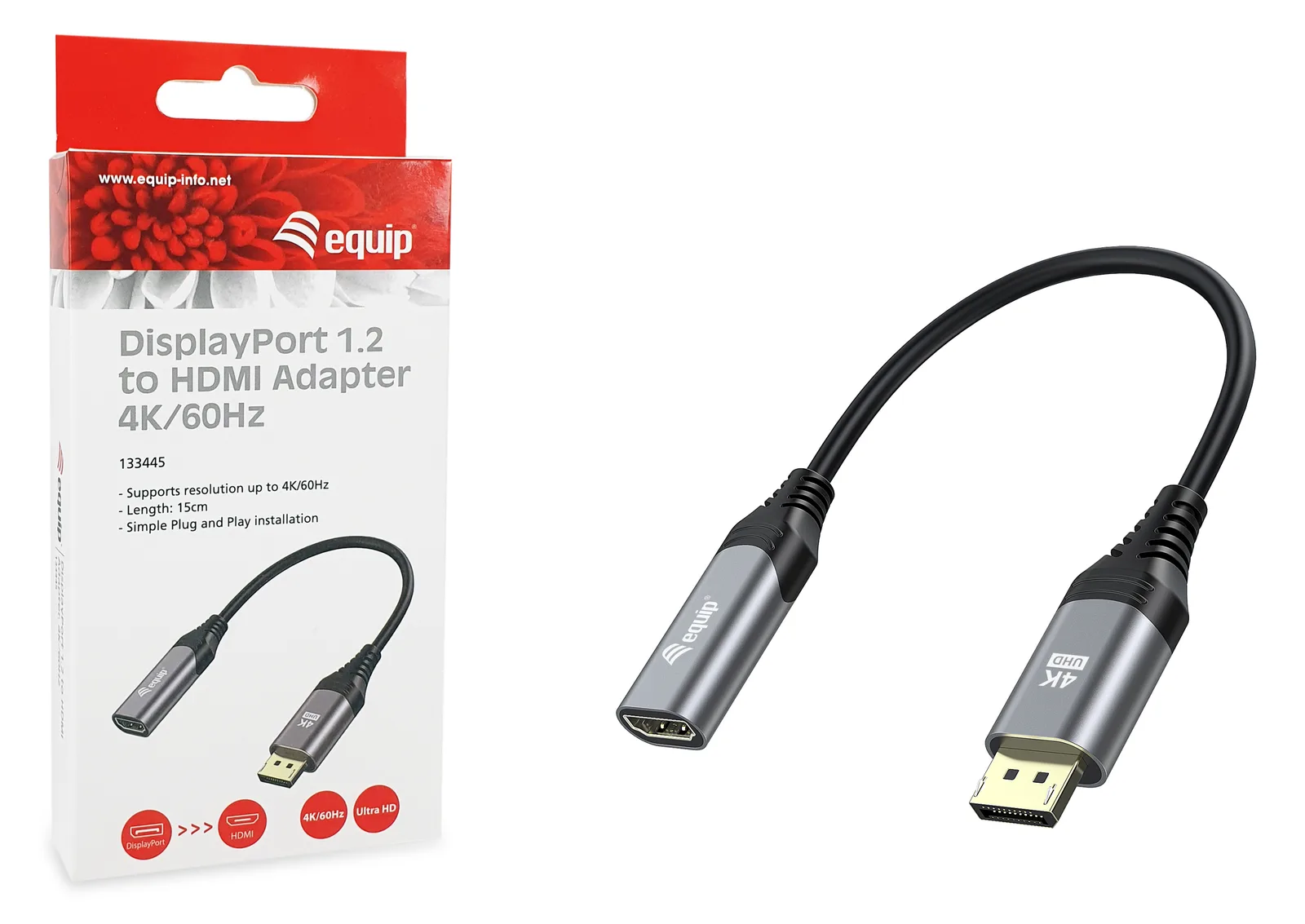 Equip Adapterkabel - DisplayPort männlich zu HDMI weiblich - 15 cm - Grau - unterstützt 4K 60 Hz (3840 x 2160), Ansicht 3