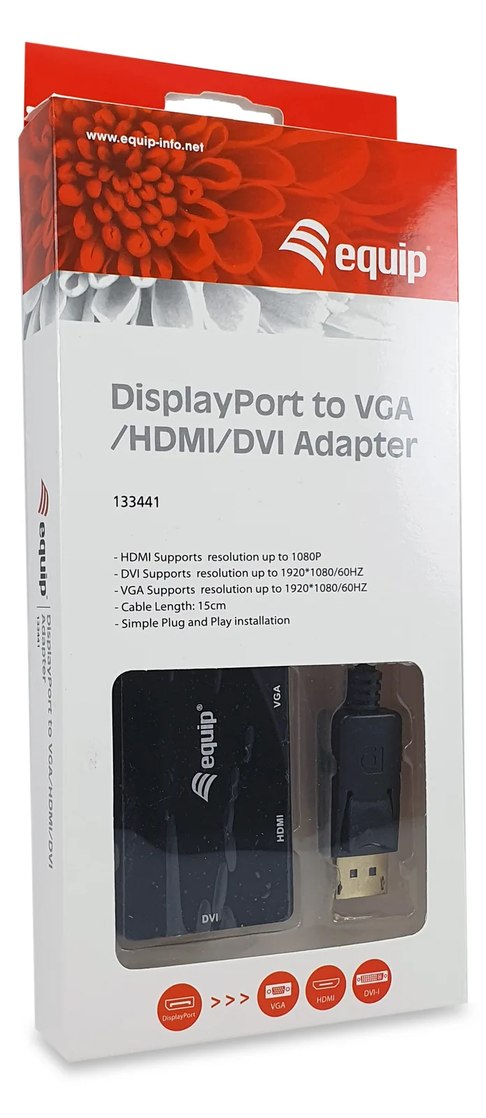 Equip DisplayPort-zu-VGA- / -HDMI- / -DVI-Adapter - 0,24 m - DisplayPort - DVI-D + VGA (D-Sub) + HDMI - Männlich, Ansicht 3