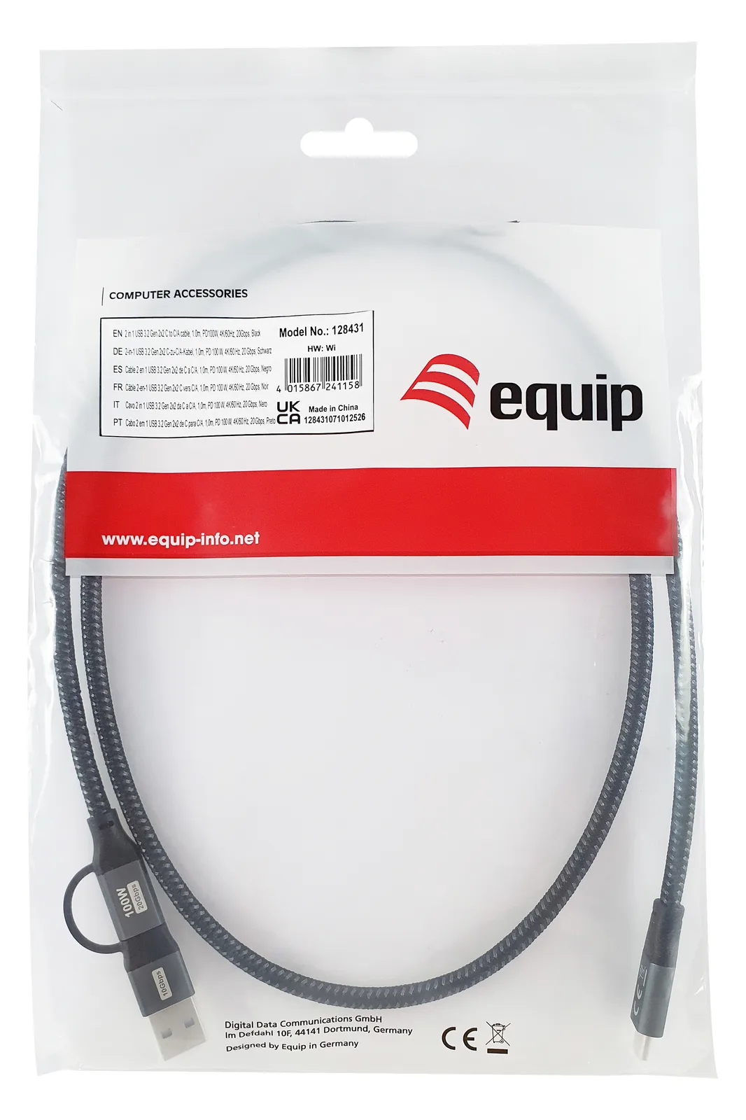 Equip Kabel USB-C3.2->C/A Gen2x2 PD100W St/St schwarz - Kabel - Digital/Daten, Ansicht 2