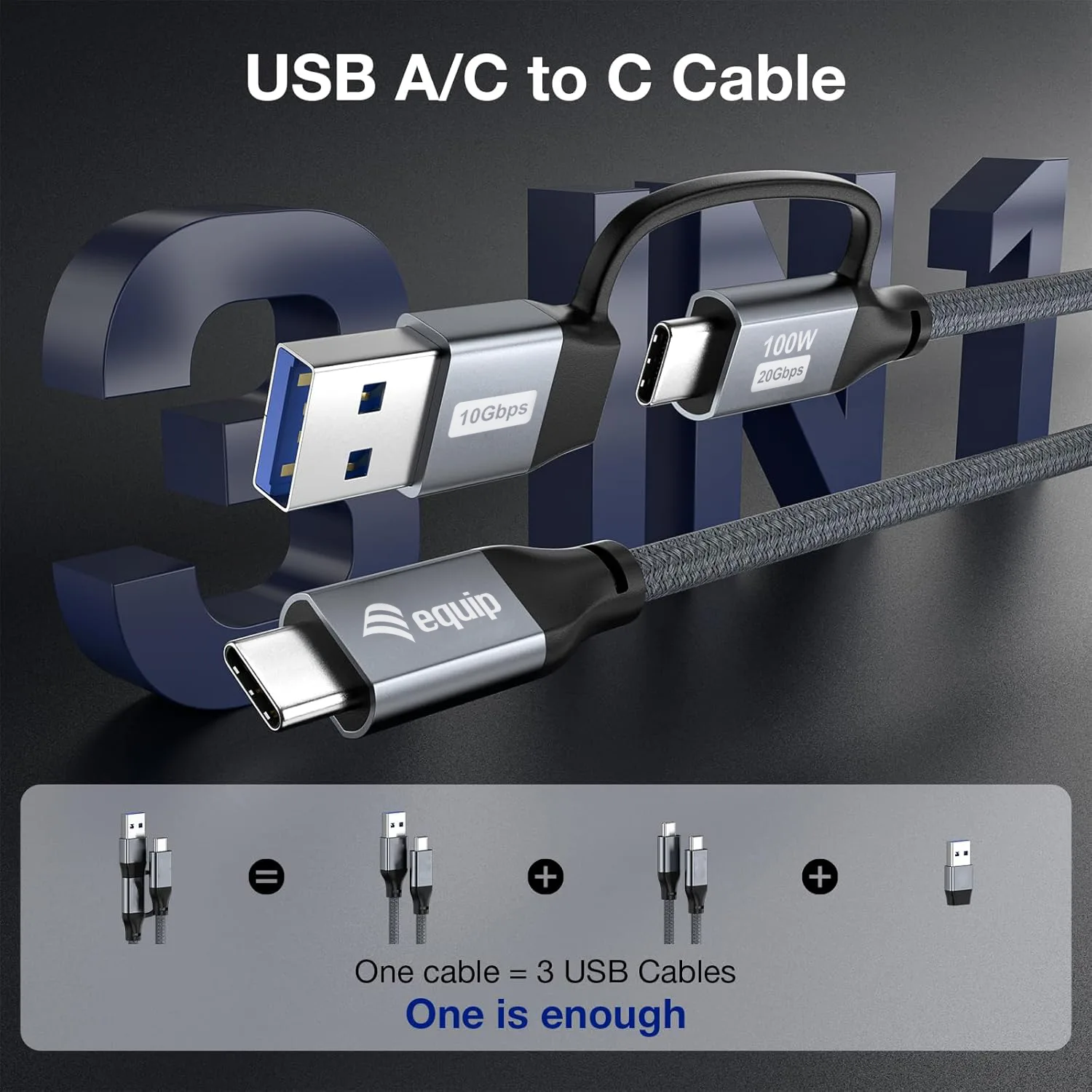 Equip Kabel USB-C3.2->C/A Gen2x2 PD100W St/St schwarz - Kabel - Digital/Daten, Ansicht 3