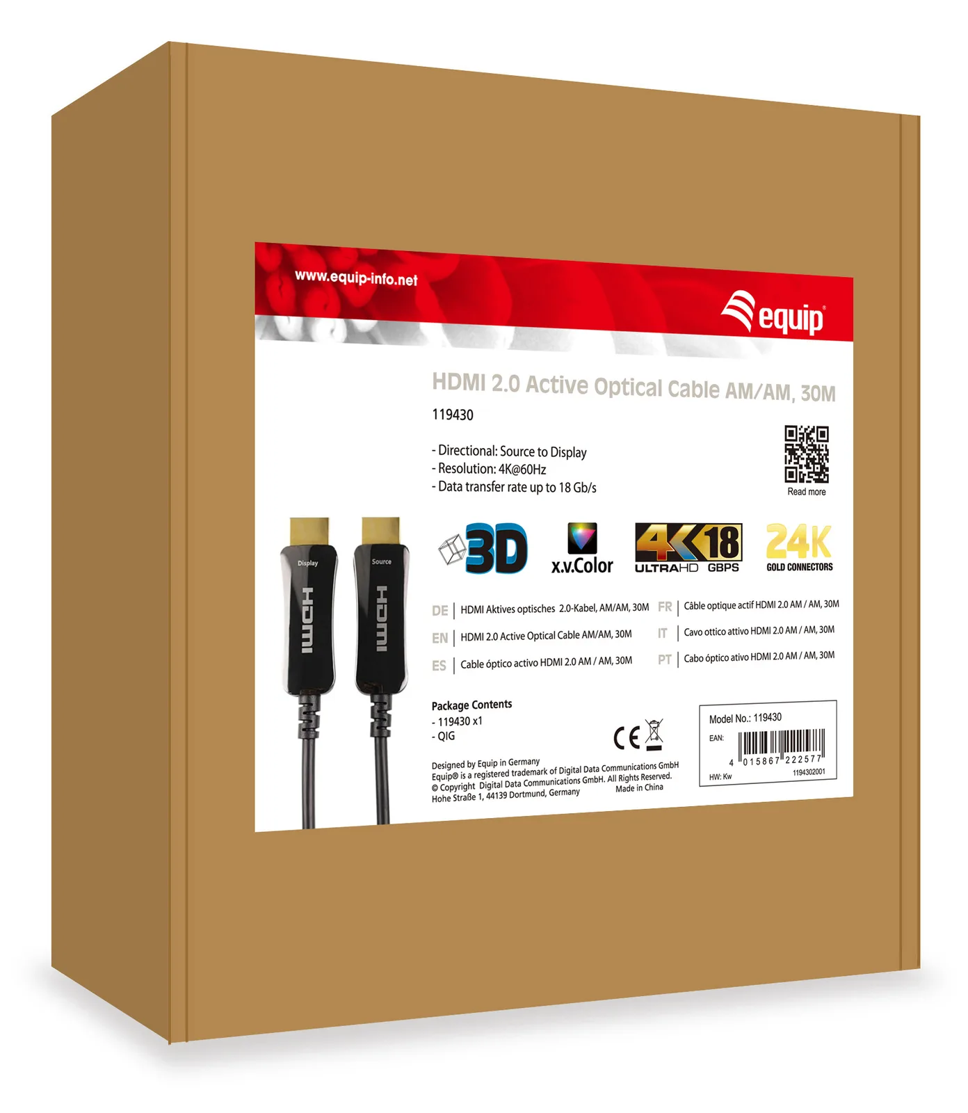Equip Life - Highspeed - HDMI-Kabel mit Ethernet - HDMI männlich zu HDMI männlich - 30 m - 4K Unterstützung, (AOC), Ansicht 3