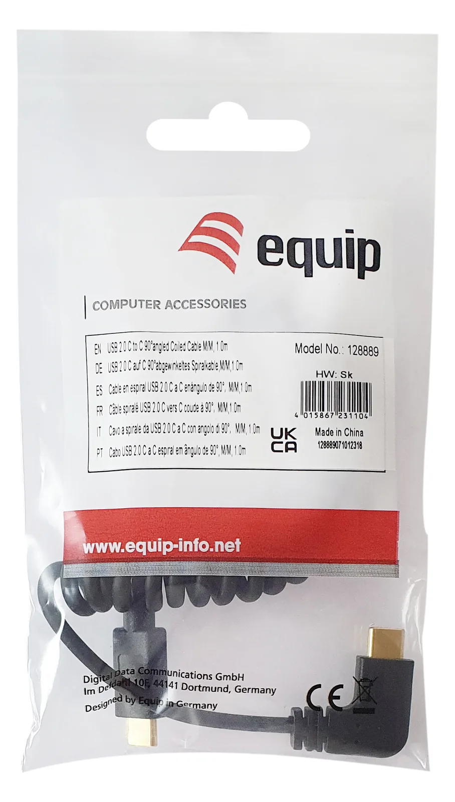 Equip USB 2.0 C auf C 90° abgewinkeltes Spiralkabel - Stecker/Stecker - 1 m - 1 m - USB C - USB C - USB 2.0 - Schwarz, Ansicht 2