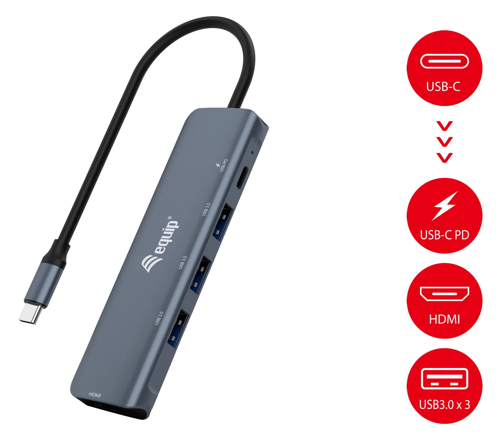 Equip USB-C 5-in-1 Multifunktionsadapter - HDMI - USB 3.2 Gen1 - 100W USB PD - USB 3.2 Gen 1 (3.1 Gen 1) Type-C - HDMI, Ansicht 3