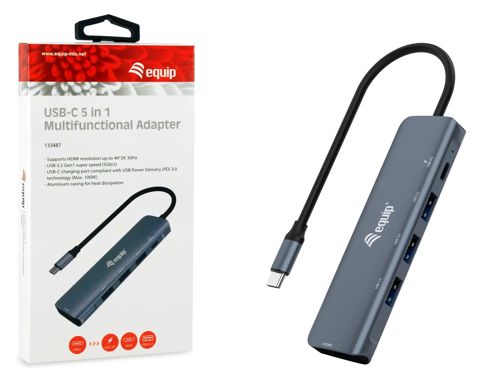 Equip USB-C 5-in-1 Multifunktionsadapter - HDMI - USB 3.2 Gen1 - 100W USB PD - USB 3.2 Gen 1 (3.1 Gen 1) Type-C - HDMI, Ansicht 4