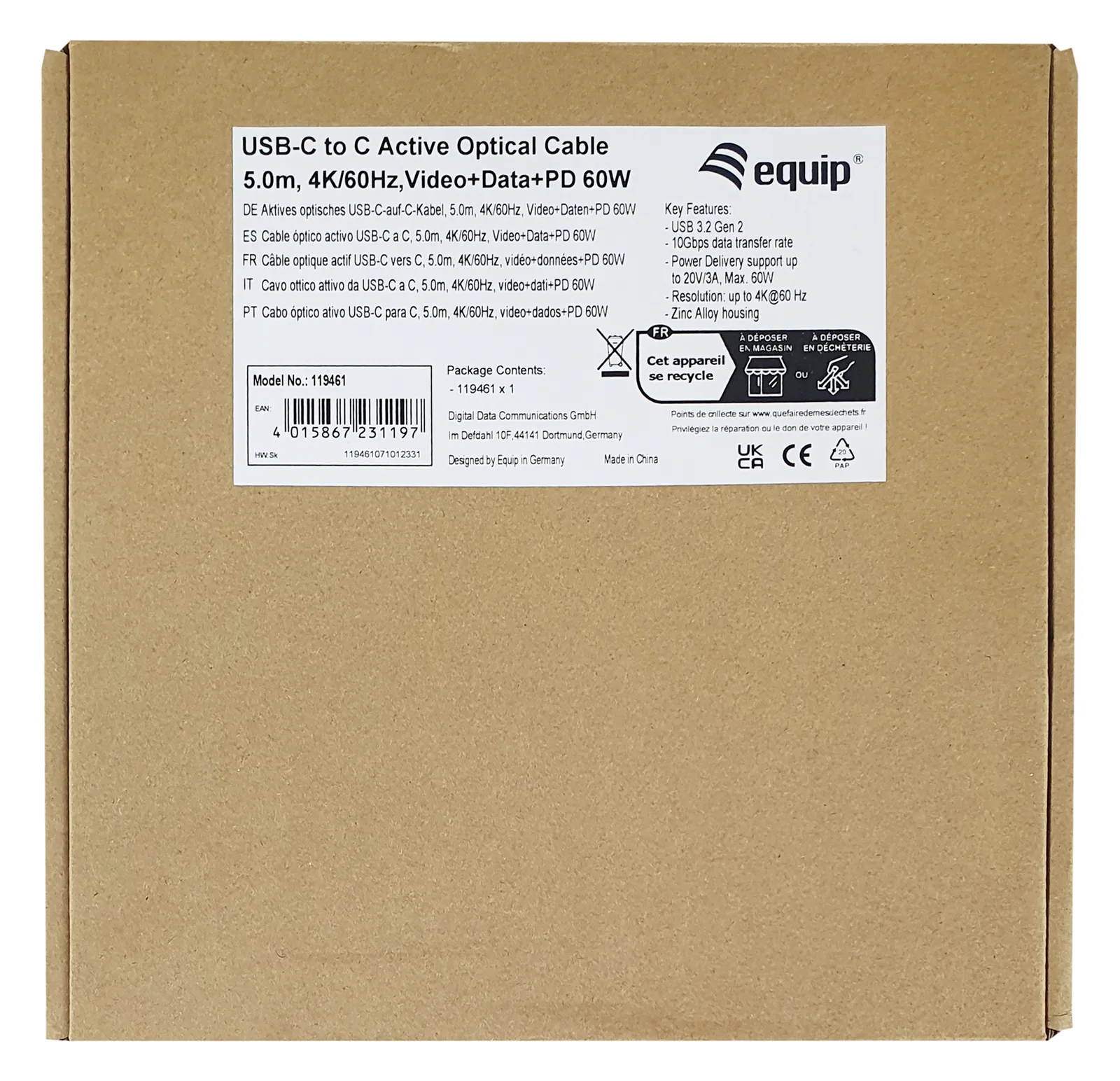 Equip USB-C Aktives optisches Kabel - M/M - 5.0m - PD 60W - 4K/60Hz - 10Gbps - Video+Data+PD - 5 m - 10 Gbit/s - Schwarz, Ansicht 3