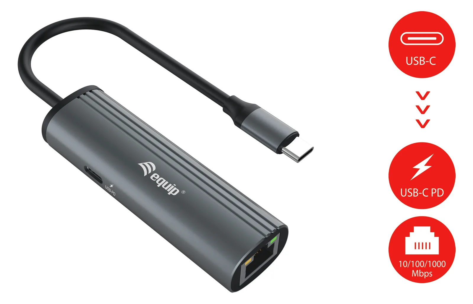 Equip USB-C-auf-RJ45-Gigabit-Netzwerk + PD-Adapter - USB Typ-C - Schwarz - Grau - RJ-45 - USB 3.2 Gen 1 (3.1 Gen 1), Ansicht 2