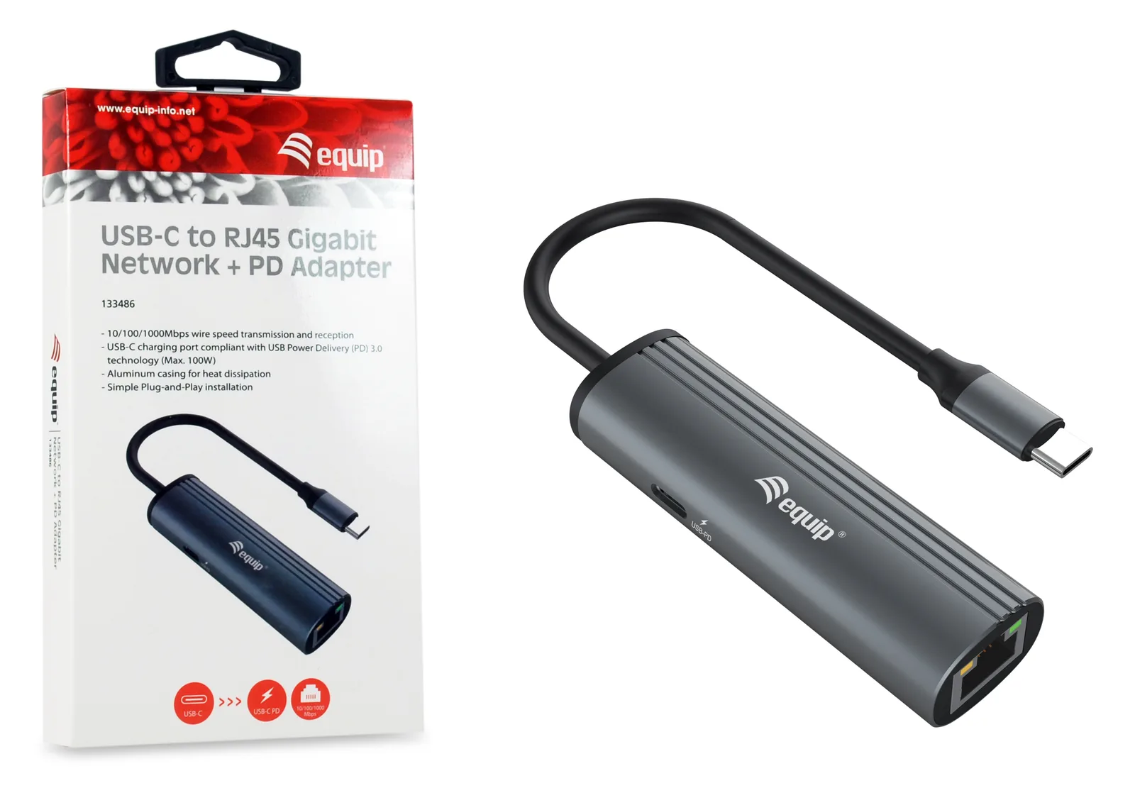 Equip USB-C-auf-RJ45-Gigabit-Netzwerk + PD-Adapter - USB Typ-C - Schwarz - Grau - RJ-45 - USB 3.2 Gen 1 (3.1 Gen 1), Ansicht 3