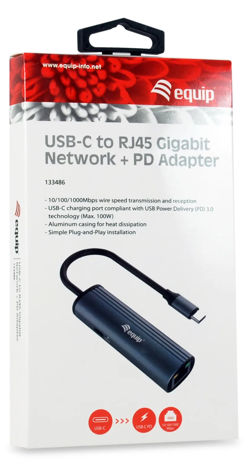 Equip USB-C-auf-RJ45-Gigabit-Netzwerk + PD-Adapter - USB Typ-C - Schwarz - Grau - RJ-45 - USB 3.2 Gen 1 (3.1 Gen 1), Ansicht 4