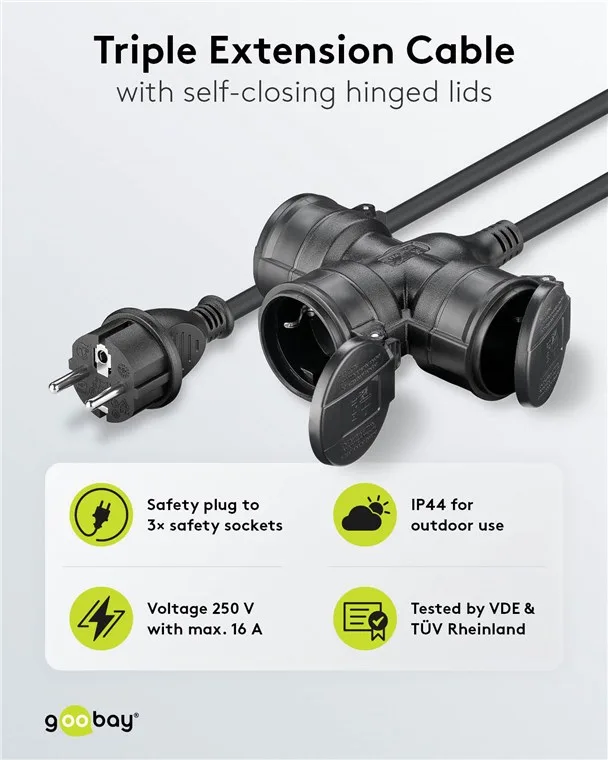 Goobay Dreifach-Verlängerungskabel Outdoor 10 m schwarz - Schutzkontaktstecker Hybrid - Kabel - Verlängerungskabel, Ansicht 4