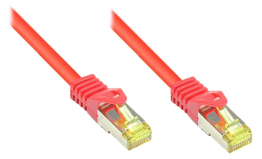 Good Connections RJ45 Patchkabel mit Cat. 7 Rohkabel und Rastnasenschutz (RNS) - S/FTP - PiMF - halogenfrei - rot - 1m