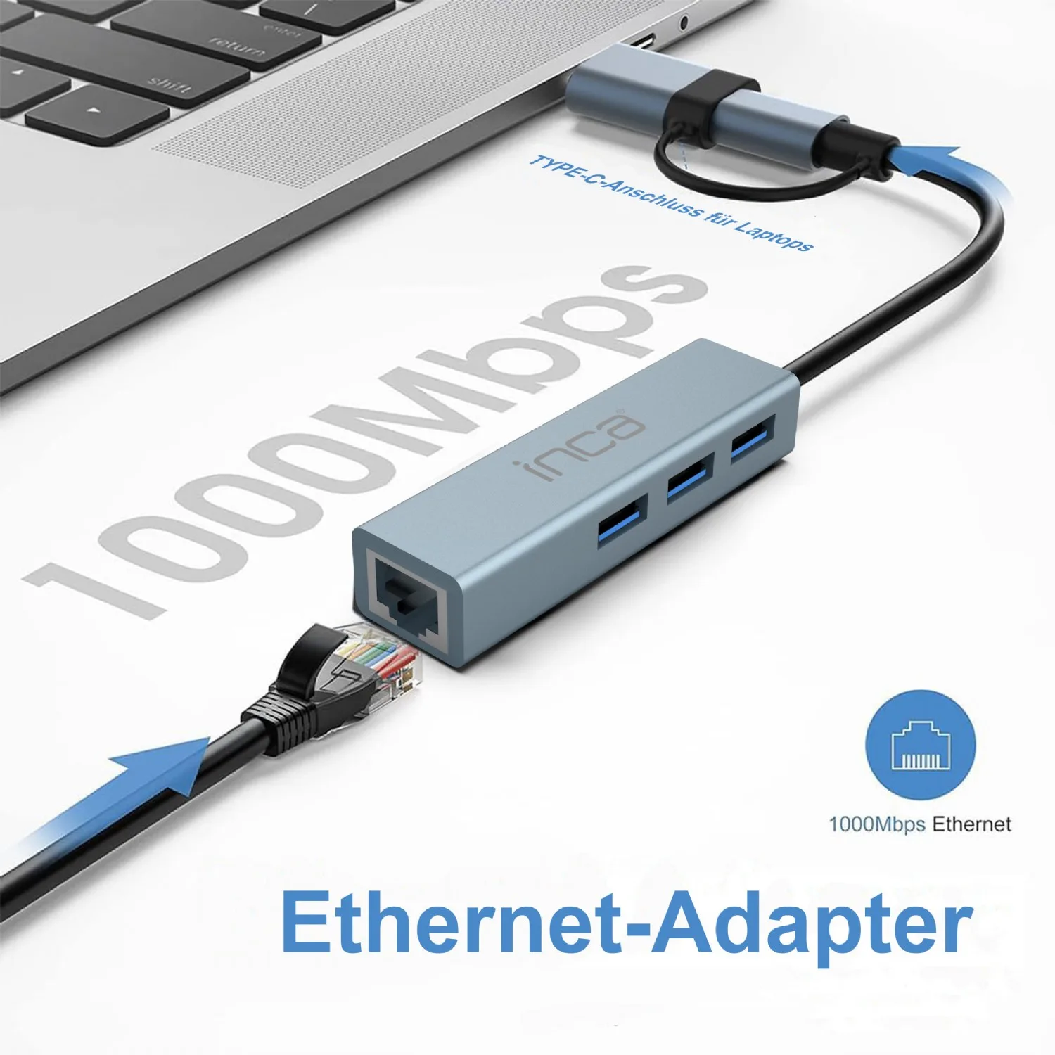 INCA Adapter IUTP-03TX Ethernet> USB und Typ-C 1000Mbit/s - Adapter - Digital/Daten, Ansicht 3