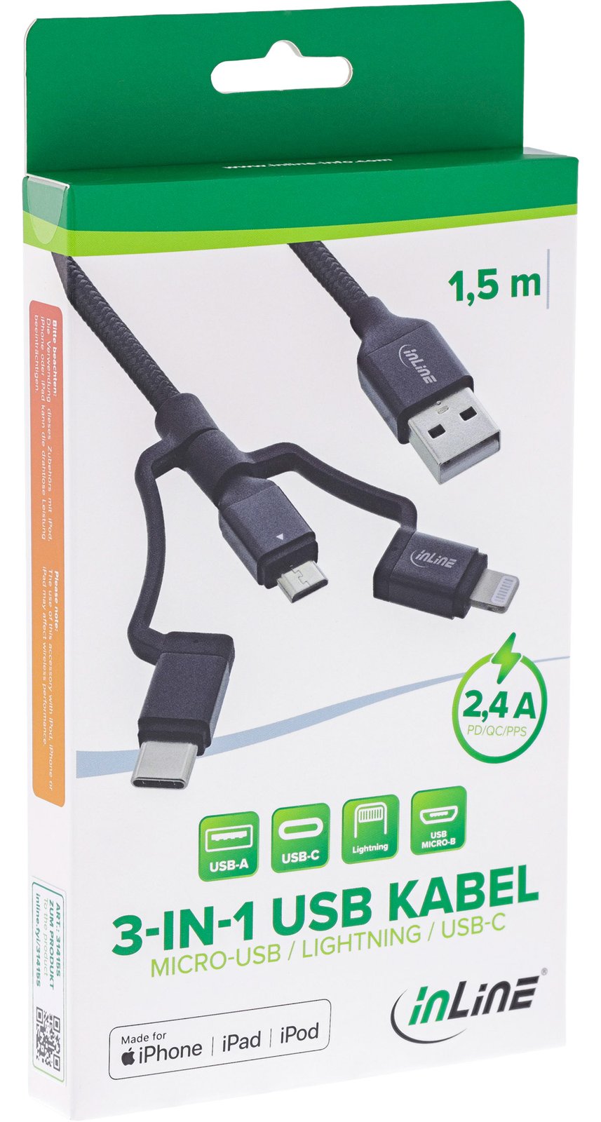 InLine 3-in1 USB Kabel - Micro-USB/Lightning/USB-C - schwarz/Alu - 1,5m MFi von LumaTech