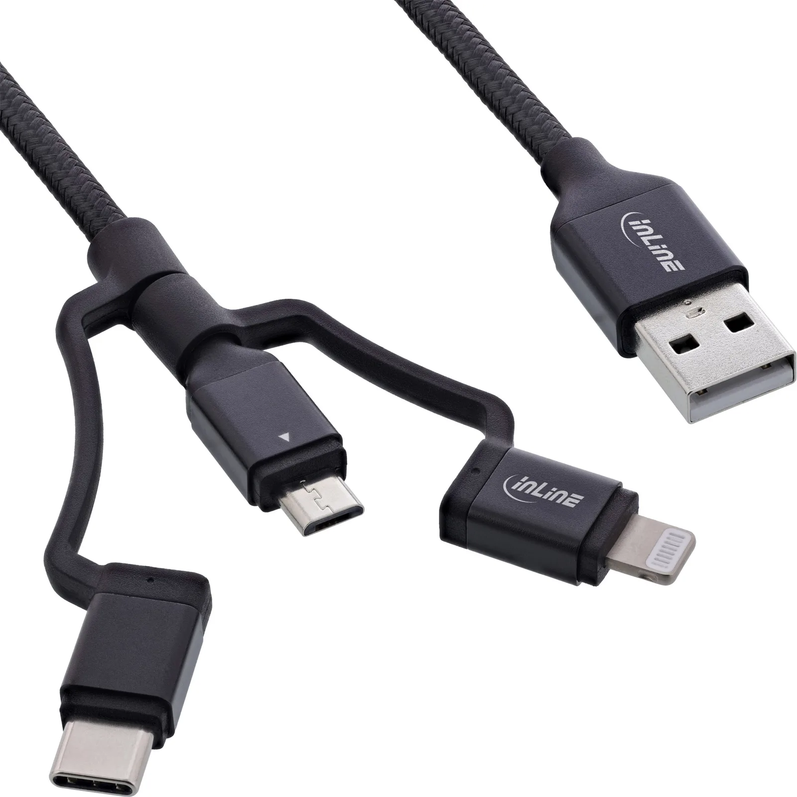 InLine 3-in1 USB Kabel - Micro-USB/Lightning/USB-C - schwarz/Alu - 1,5m MFi, Ansicht 2