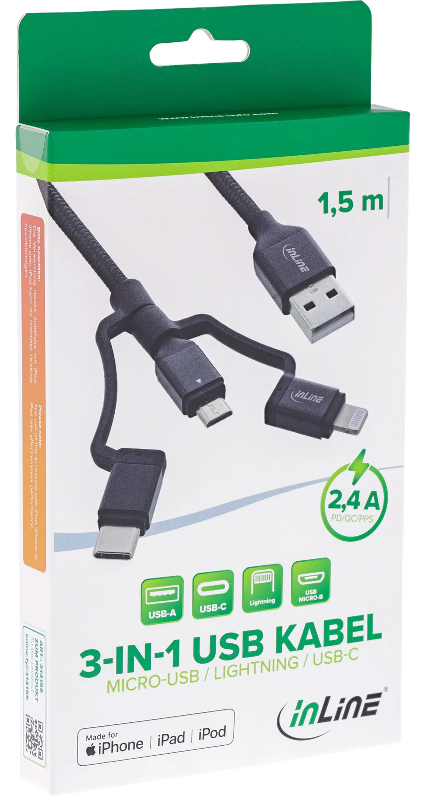 InLine 3-in1 USB Kabel - Micro-USB/Lightning/USB-C - schwarz/Alu - 1,5m MFi, Ansicht 3