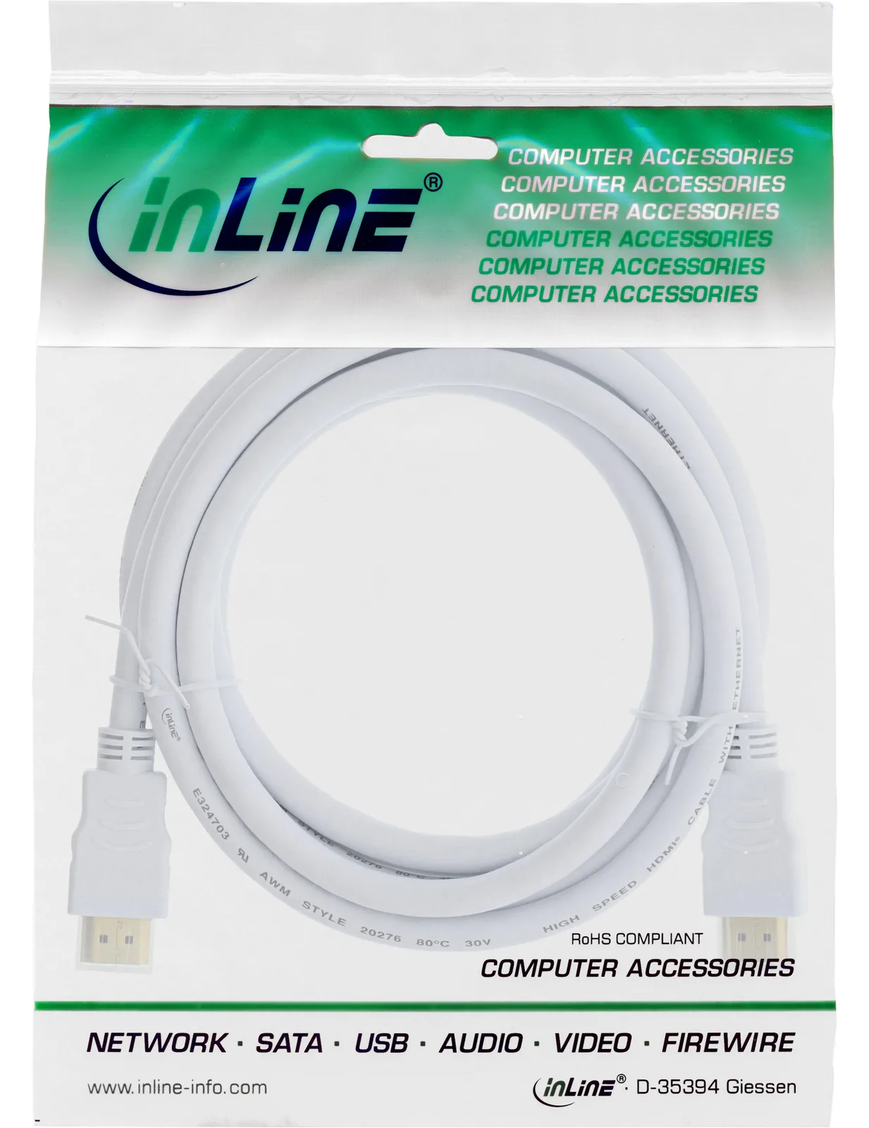 InLine HDMI-High Speed Kabel mit Eth. - Premium - ST / ST - weiß / gold - 2m, Ansicht 2