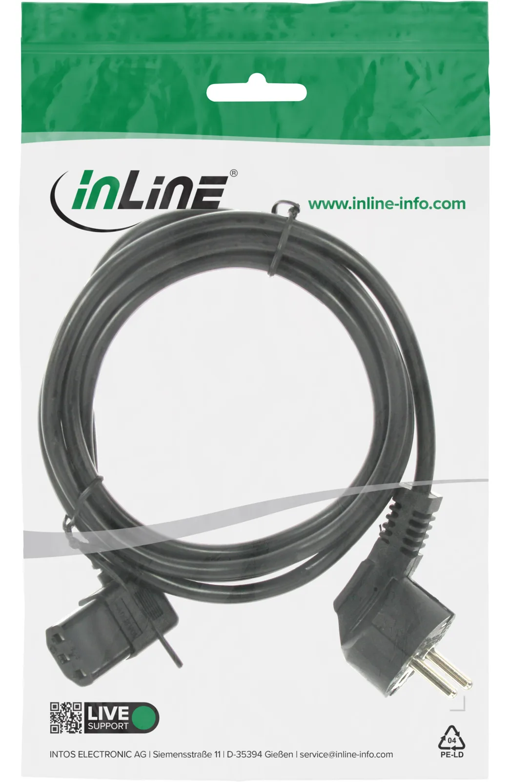 InLine Netzkabel - Schutzk. gew. / Kaltgerätest. C13 links abgew. - schwarz - 0,5m, Ansicht 2