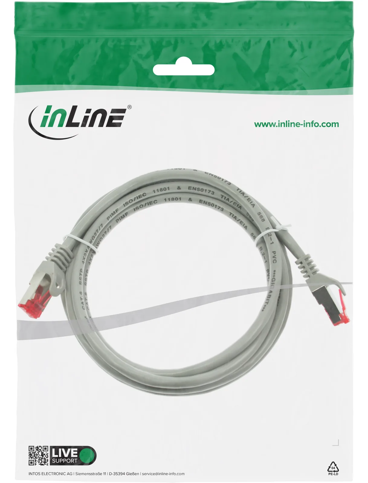InLine Patchkabel - S/FTP (PiMf) - Cat.6 - 250MHz - PVC - Kupfer - grau - 1m, Ansicht 4
