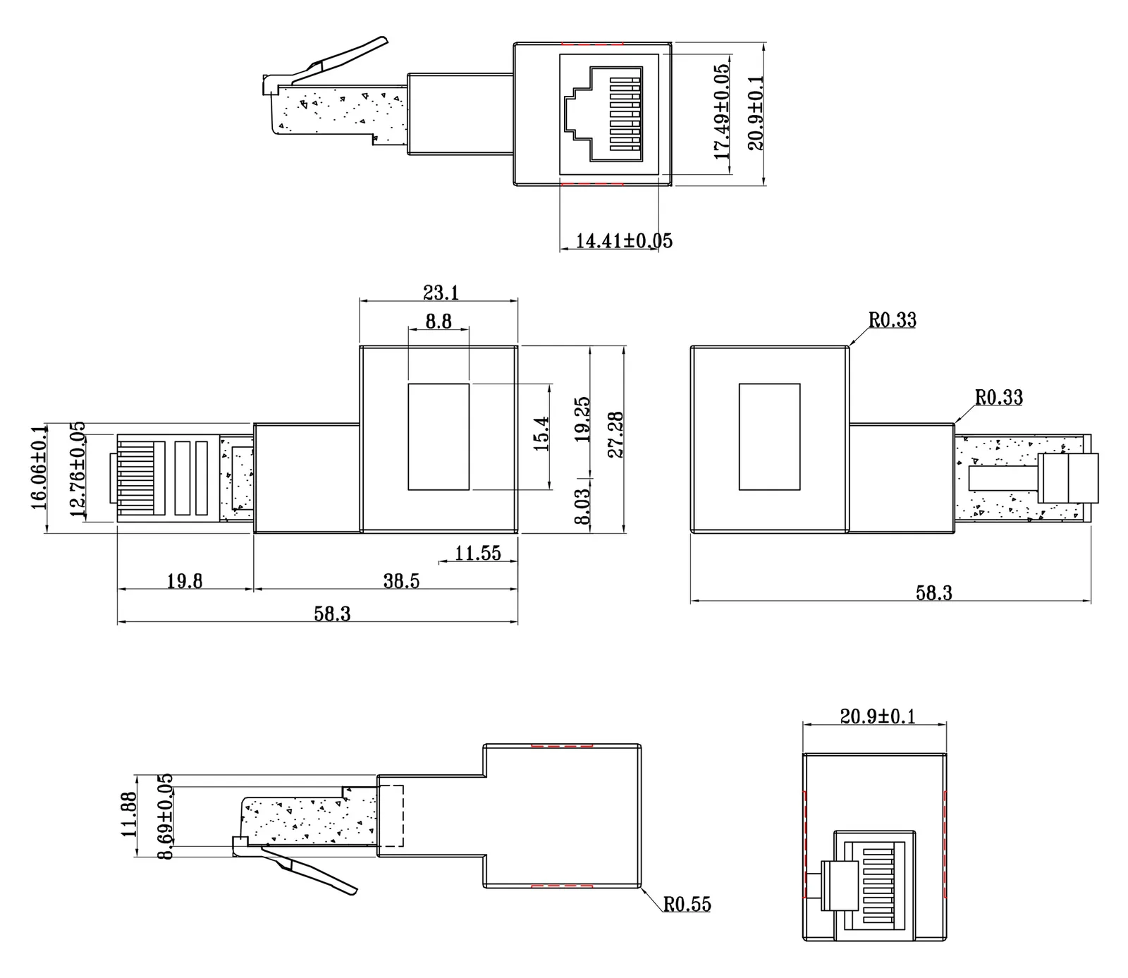 InLine Patchkabel-Adapter Cat.6A - RJ45 Stecker/Buchse - 90° rechts gewinkelt, Ansicht 3