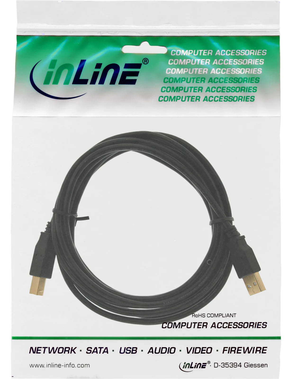 InLine USB 2.0 Kabel - A an B - schwarz - Kontakte gold - 5m, Ansicht 2