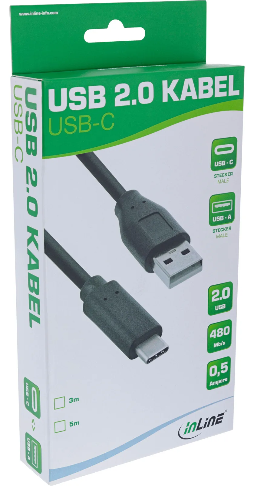 InLine USB 2.0 Kabel - USB-C Stecker an A Stecker - schwarz - 5m, Ansicht 4